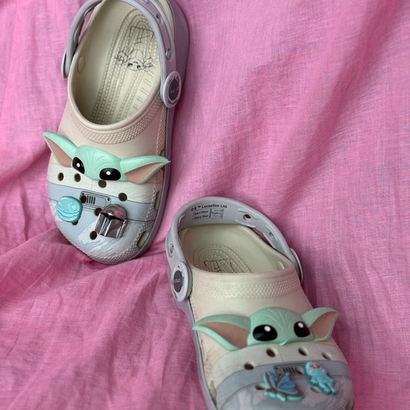 CROCS Cream and Green Sandals with Playful Cartoon Design - Picture 1 of 8